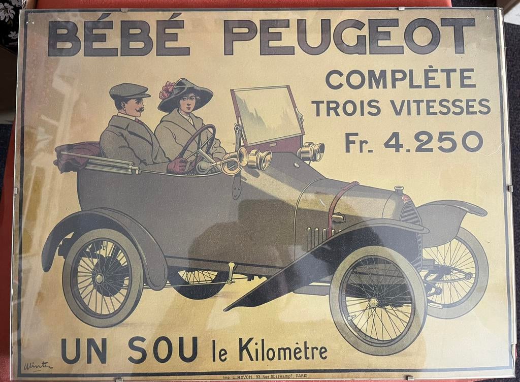 Poster oude peugot, Verzamelen, Gebruikt, Met lijst, Rechthoekig Liggend, Ophalen of Verzenden