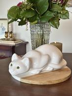 Vintage Keramiek Kat Poes Beeldje met groene glazen ogen, Verzamelen, Beelden en Beeldjes, Ophalen of Verzenden, Zo goed als nieuw