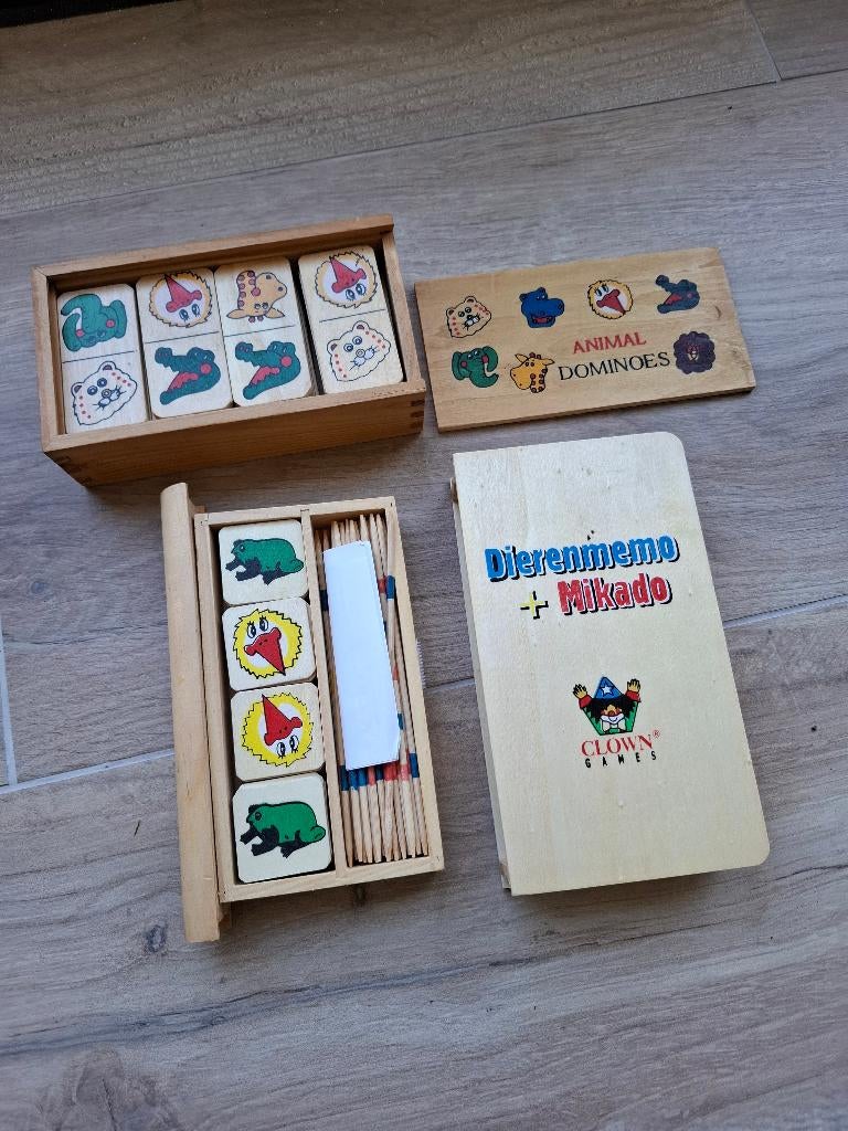 Houten spellen – domino, dierenmemo en mikado, Ophalen of Verzenden, Zo goed als nieuw