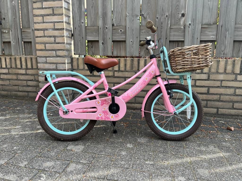 Super meisjesfiets 16 inch roze/groen met rieten mand, Ophalen, Terugtraprem, Gebruikt, Handrem