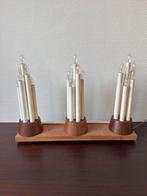 Tafellamp 3x Philips Kaarsentros, Kaarsen, Vintage 60s Teak, Ophalen of Verzenden, Gebruikt, Hout, Minder dan 50 cm
