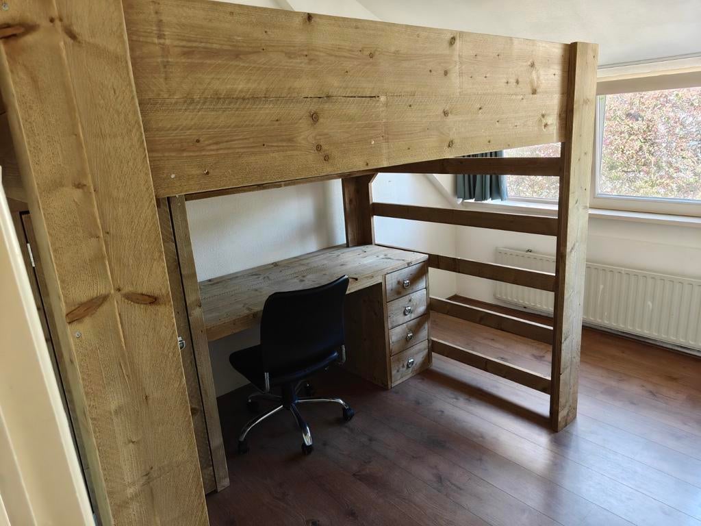 Steigerhout Hoogslaper 140x200 met Bureau & Kast All-in-one, Ophalen, Hoogslaper, Tweepersoons, 140 cm