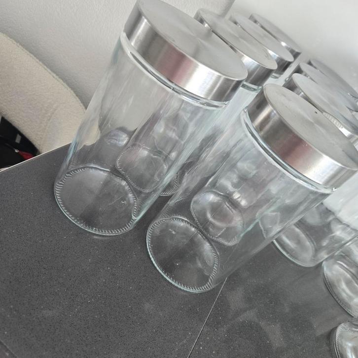 Set van 16 glazen voorraadpotjes met metalen deksel, Huis en Inrichting, Keuken | Keukenbenodigdheden, Gebruikt, Ophalen of Verzenden