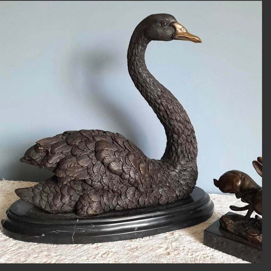 Bronzen Zwaan Beeld op Marmeren Sokkel, Gepatineerd, Ophalen of Verzenden, Brons, Beeld