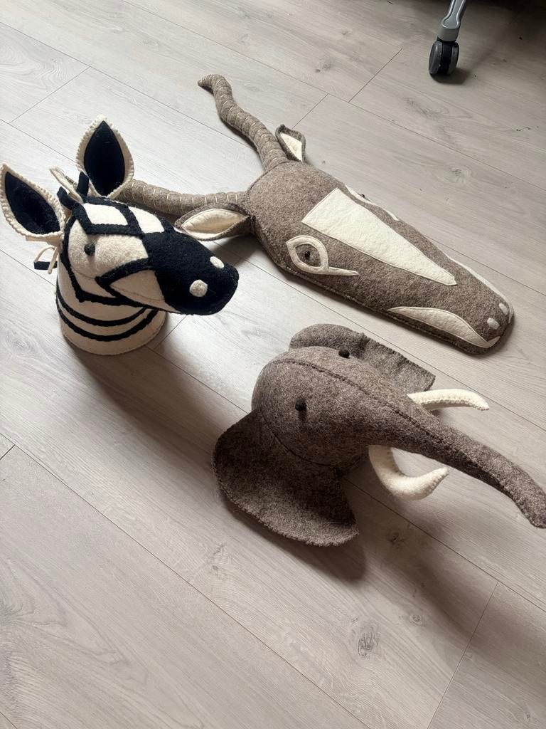 Set van 3 vilten dierenkoppen voor aan de muur, Ophalen, Gebruikt, Meerkleurig, Textiel