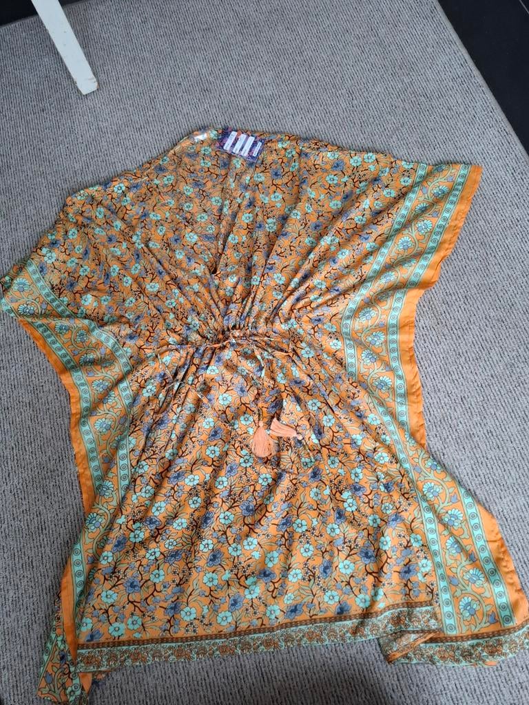 Boho kaftan jurk zijde mix – kleurrijk bloemenprint – one si, Maat 38/40 (M), Oranje, Ophalen of Verzenden, Zo goed als nieuw