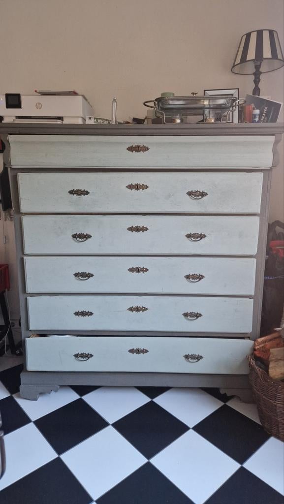 Authentieke klassieke ladekast grijs/groen geschilderd, Antiek en Kunst, Antiek | Meubels | Kasten, Ophalen