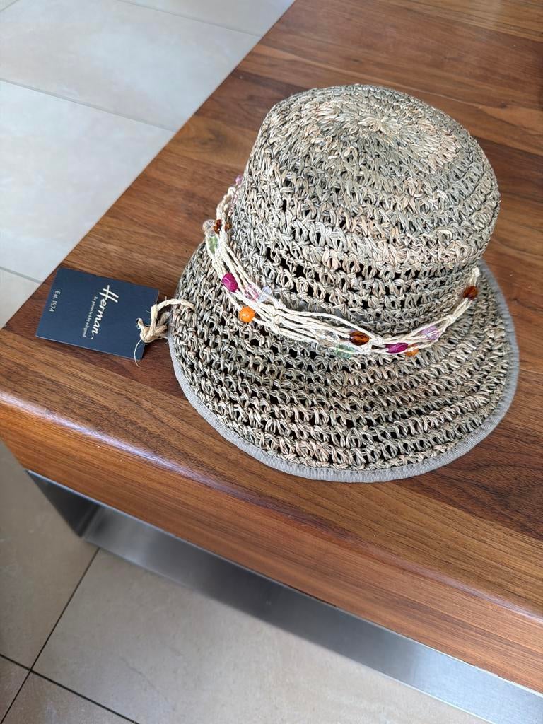 Nieuwe Herman Strohoed met Kralen -Size S, Ophalen of Verzenden, Nieuw, One size fits all, Hoed