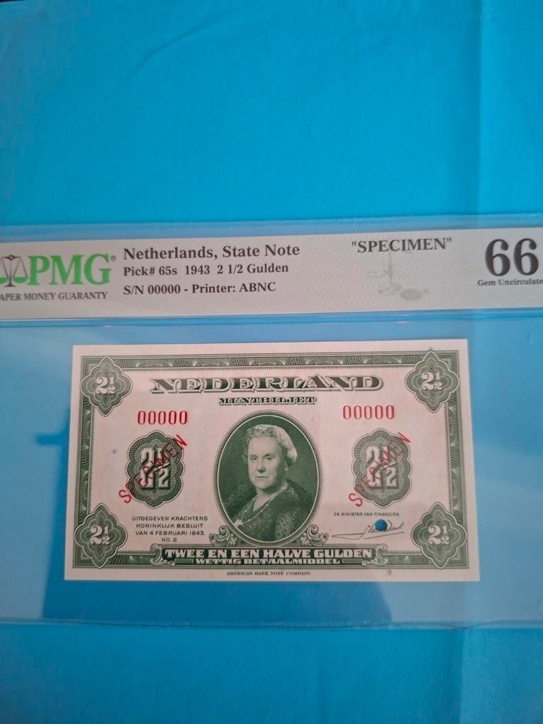 2.5 gulden muntbiljet Wilhelmina specimen 1943 UNC PMG 66, Postzegels en Munten, Bankbiljetten | Nederland, Ophalen of Verzenden