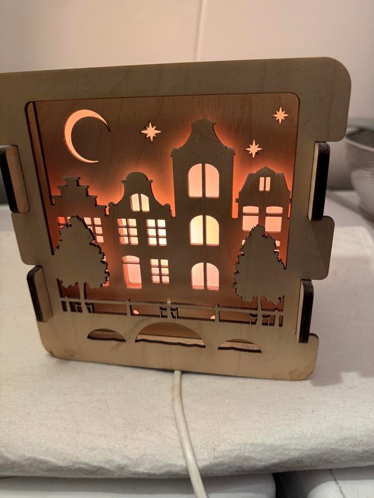 Sfeervolle Houten LED Nachtlamp Amsterdam Grachtenpandjes, Huis en Inrichting, Ophalen of Verzenden, Gebruikt