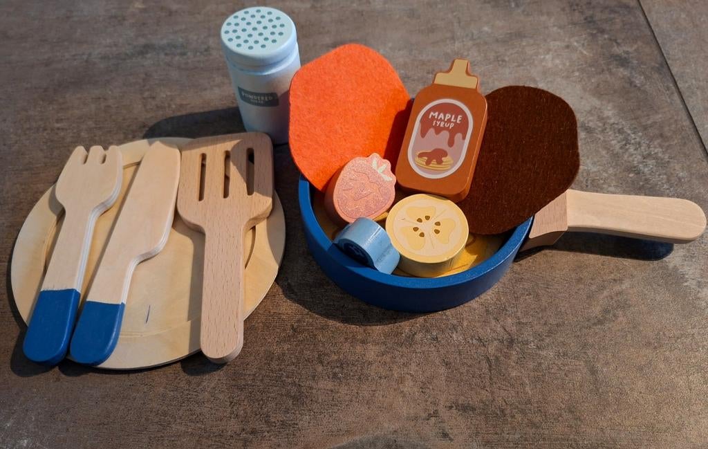 NIEUW: Houten 14 delig speelset keuken:  pannenkoeken bakken, Ophalen of Verzenden, Nieuw