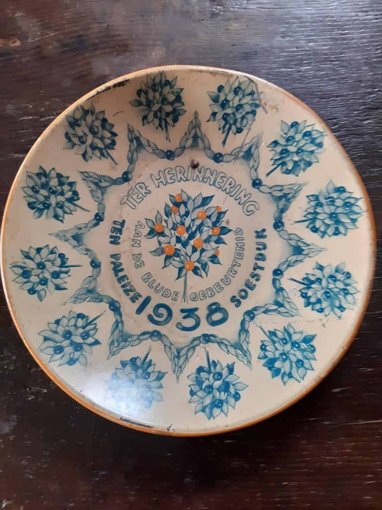 Brocant blikken wandbord t.g.v.geboorte Prinses Beatrix 1938, Verzamelen, Ophalen of Verzenden, Servies