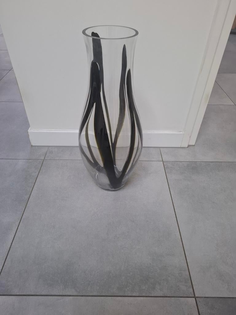 Grote glazen vaas met zwart decor - 60 cm hoog, Ophalen, 50 tot 75 cm, Zwart, Glas