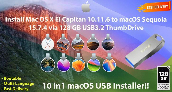 OSX / OS X / macOS 10in1 USB-Stick USB 128GB 10.11.6-15.7.4, Computers en Software, Besturingssoftware, Nieuw, MacOS, Ophalen of Verzenden