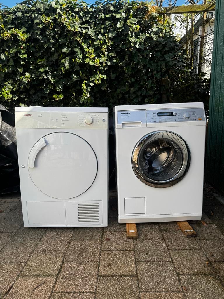 Miele W5847 wasmachine en Bosch WTV74160NL/16 droger, Ophalen of Verzenden, Gebruikt, 85 tot 90 cm