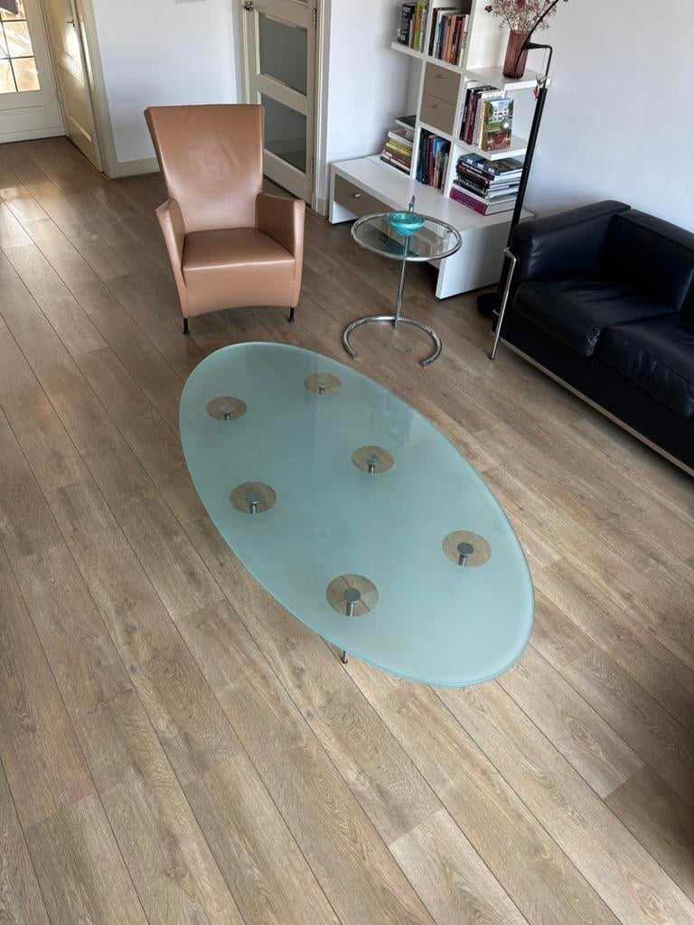 Glazen salontafel Metaform ovaal 175x90x30 cm, Huis en Inrichting, Tafels | Salontafels, Ophalen, Gebruikt, 50 tot 100 cm, Glas