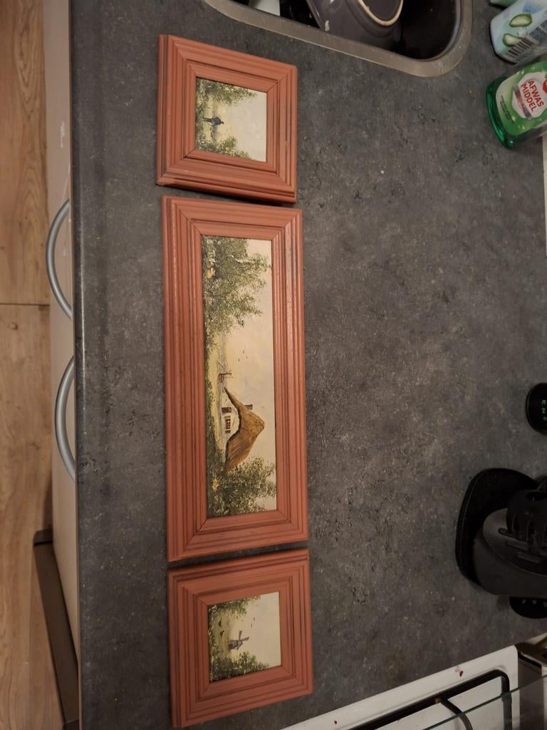 Drieluikje boerenlandschap olieverf op houten paneel, Antiek en Kunst, Ophalen of Verzenden