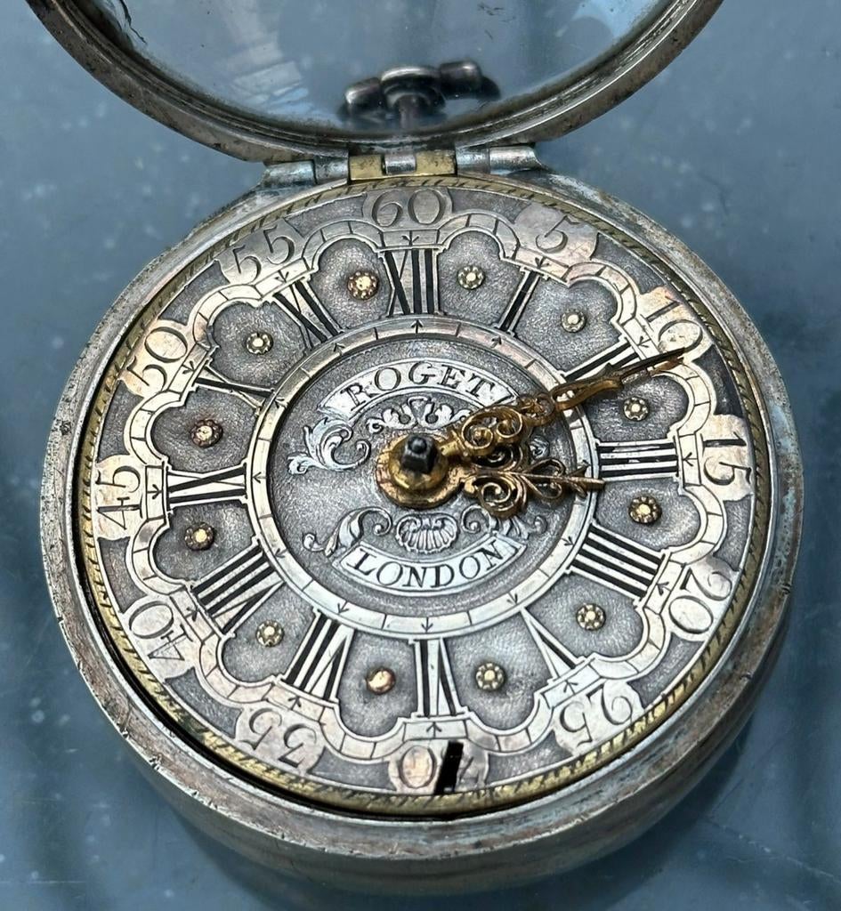 Antiek Zilver Zakhorloge Roget London uit 1740 dus 18e eeuw, Ophalen of Verzenden