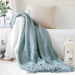 nieuw, Blauw Gebreide Woondeken met Franjes, Ophalen of Verzenden, Nieuw