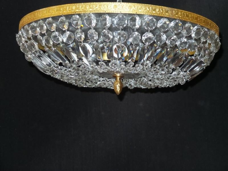 Grote oude kristallen plafonniere heeft verguld messingframe, Ophalen of Verzenden, Gebruikt