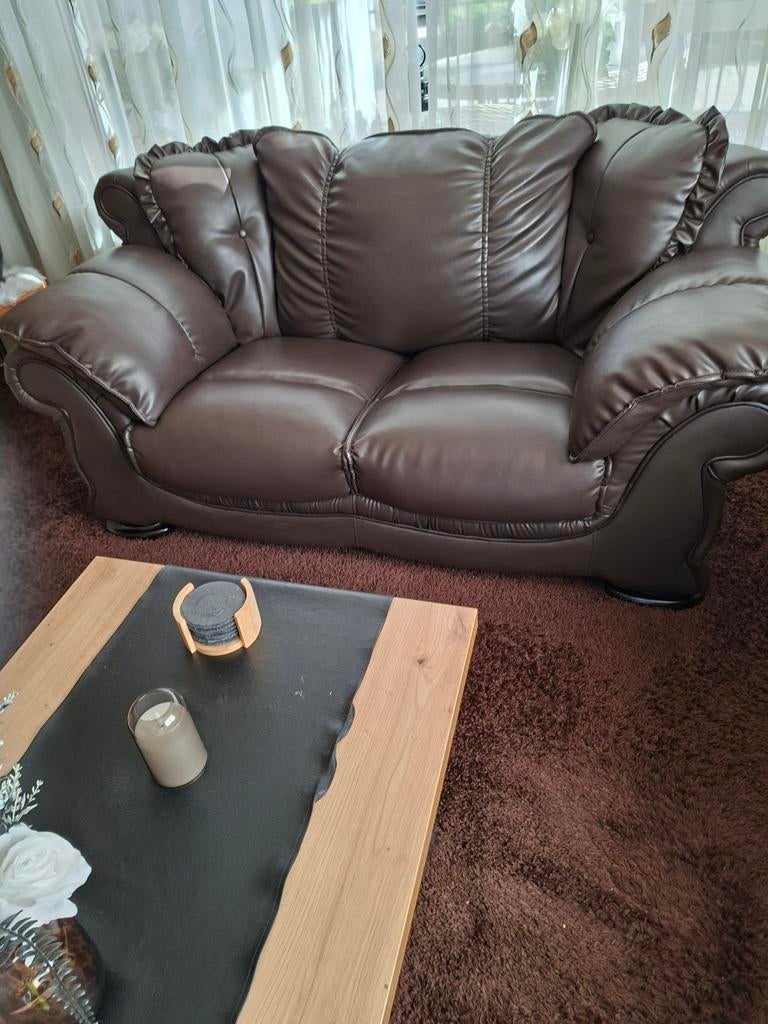 Donkerbruine tweezitsbank en 3 zits, Huis en Inrichting, Ophalen, Gebruikt, 150 tot 200 cm, Tweepersoons
