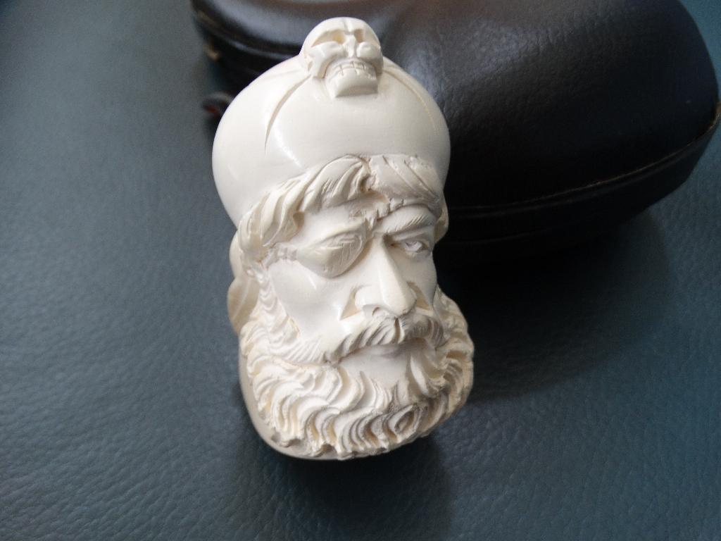 Meerschuim pijp, man met ooglap en doodshoofd, in foedraal, Antiek en Kunst, Ophalen of Verzenden