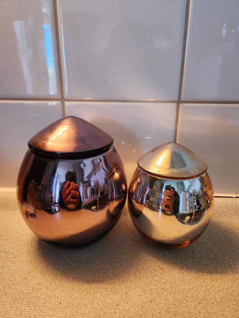 Set van twee metallic glazen potten, Huis en Inrichting, Woonaccessoires | Overige, Ophalen of Verzenden