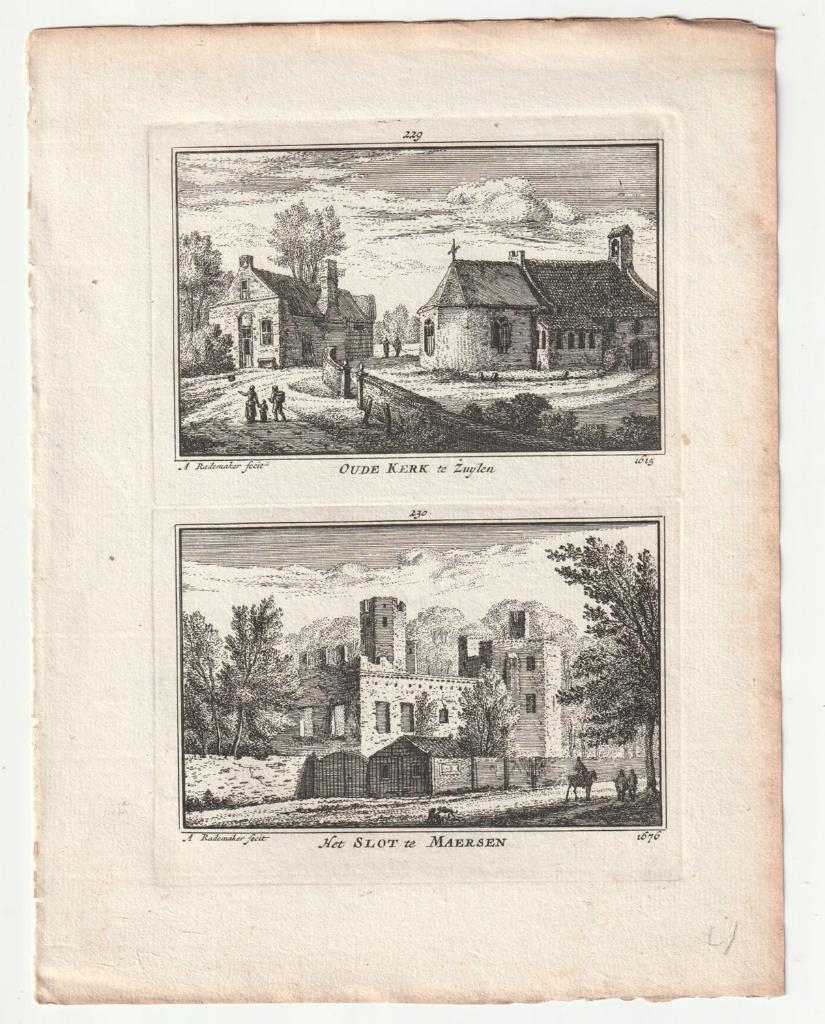 Kerk te Zuylen / Slot te Maersen Abraham Rademaker 1792, Antiek en Kunst, Verzenden, Architectuur, Gravure, Dubbele gravure