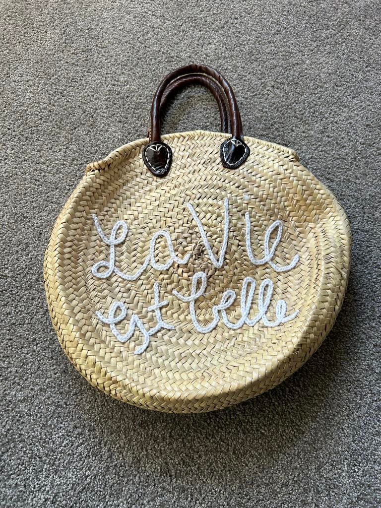 Rieten tas met leren handvatten, Ophalen of Verzenden, Gebruikt, Beige, Handtas