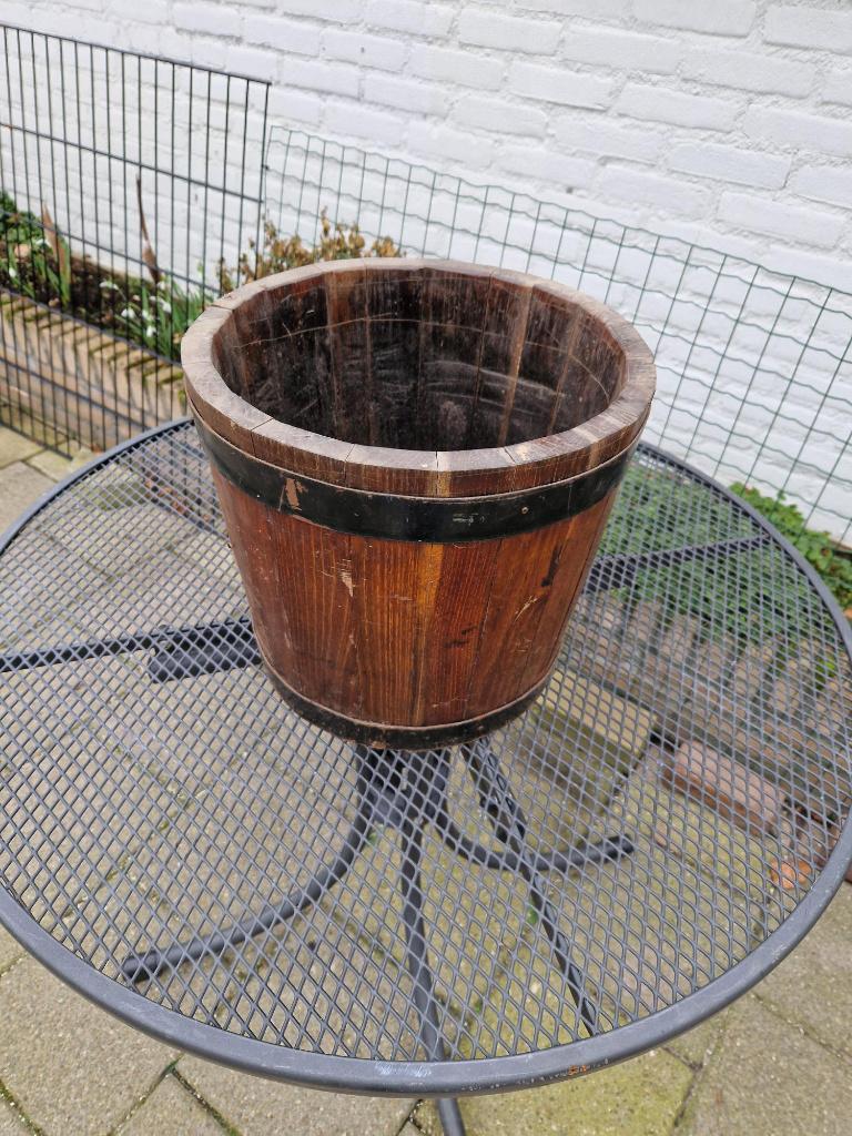 Eikenhouten bloembak (half wijnvat), Tuin en Terras, Bloembakken en Plantenbakken, Minder dan 60 cm, Rond, Ophalen of Verzenden