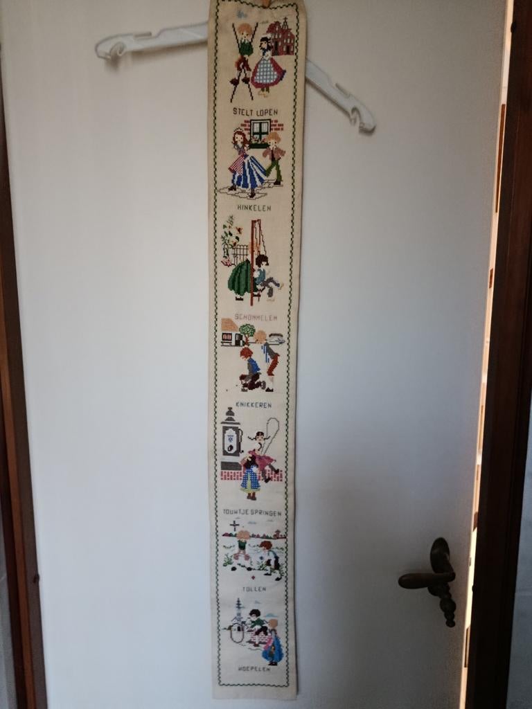 Vintage Geborduurd Wandkleed - Oud Hollandse Spelen, Antiek en Kunst, Verzenden