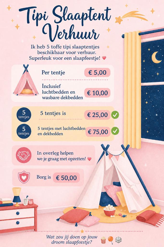 Tipi slaapfeestje, van elk slaapfeestje een droomfeestje!, Ophalen, Zo goed als nieuw, Overige
