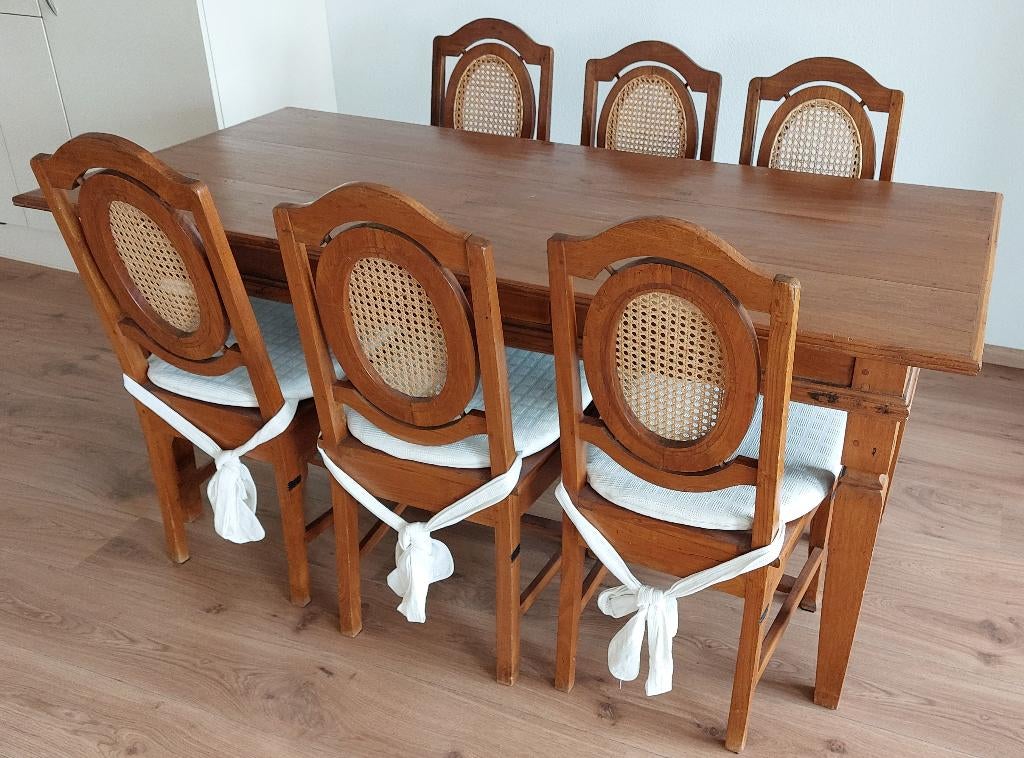 Koloniale teakhouten eettafel met 6 stoelen, Ophalen, Gebruikt, Teakhout, 50 tot 100 cm
