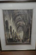 Fraai ingelijst kerkinterieur. Gekleurde ets., Ophalen of Verzenden