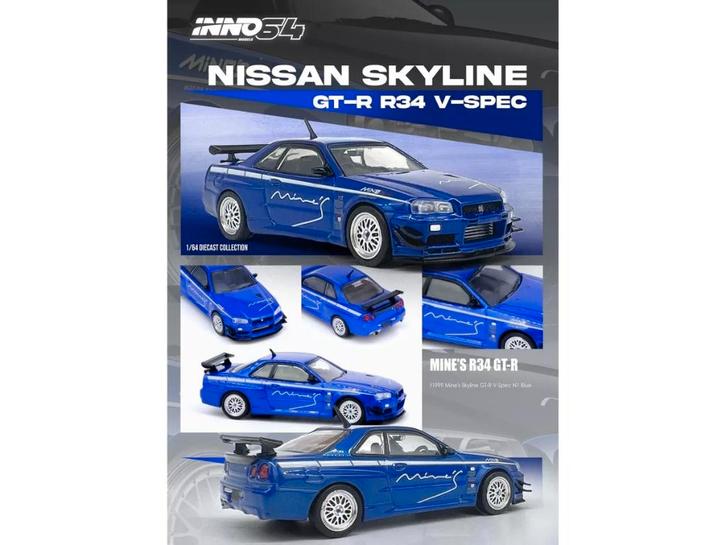 Nissan Skyline GT-R (R34) V-Spec van Inno64 1/64 blue Mine's, Hobby en Vrije tijd, Modelauto's | Overige schalen, Nieuw, Auto