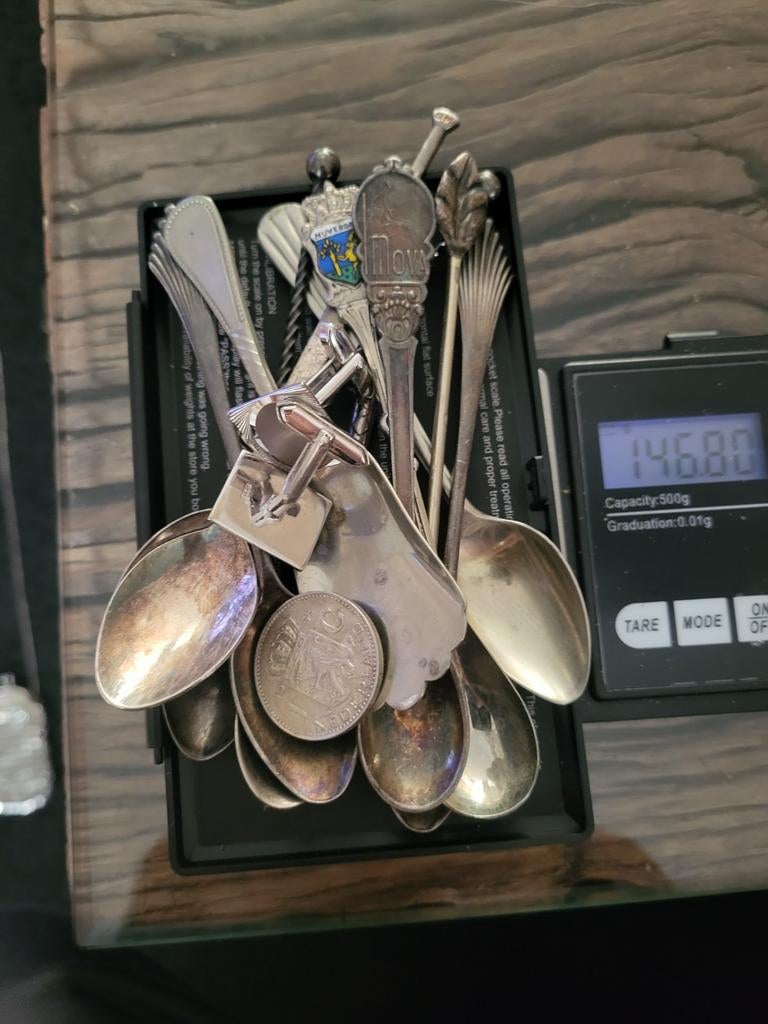 Zilveren lepels, muntje en manchetknopen, 146 gram, Antiek en Kunst, Ophalen of Verzenden