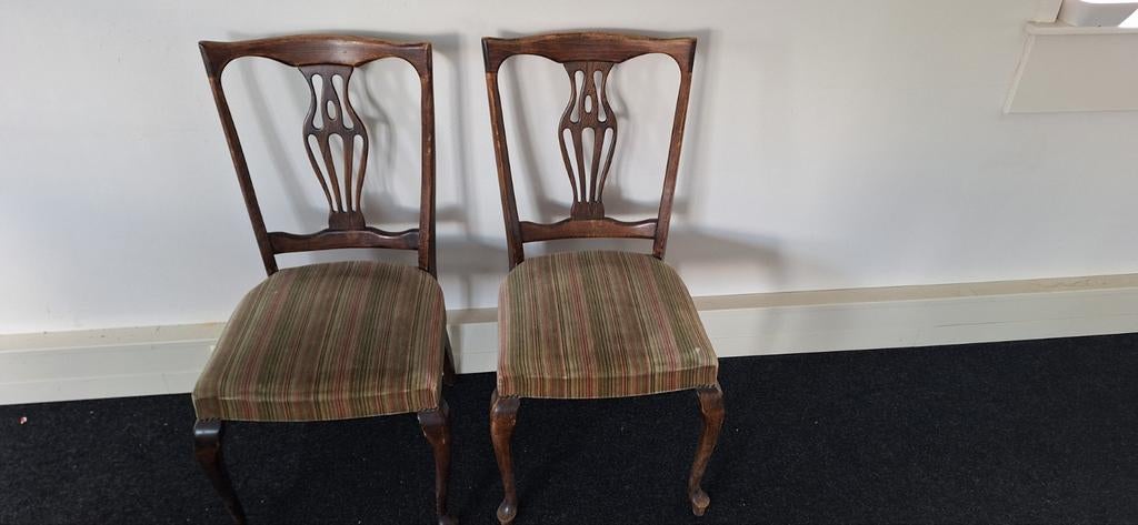 2 Antieke Houten Stoelen met Gestoffeerde Zitting, Ophalen of Verzenden