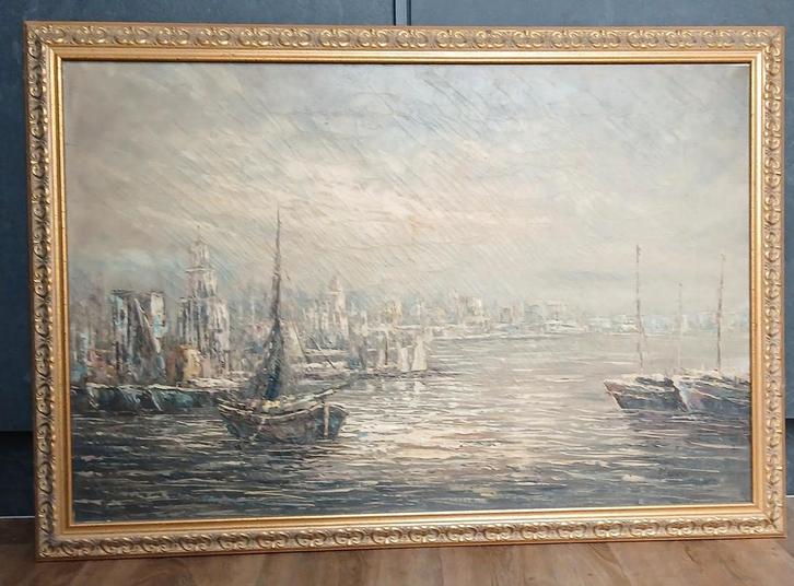 Olieverf schilderij havengezicht Meuris, Antiek en Kunst, Kunst | Schilderijen | Klassiek, Ophalen