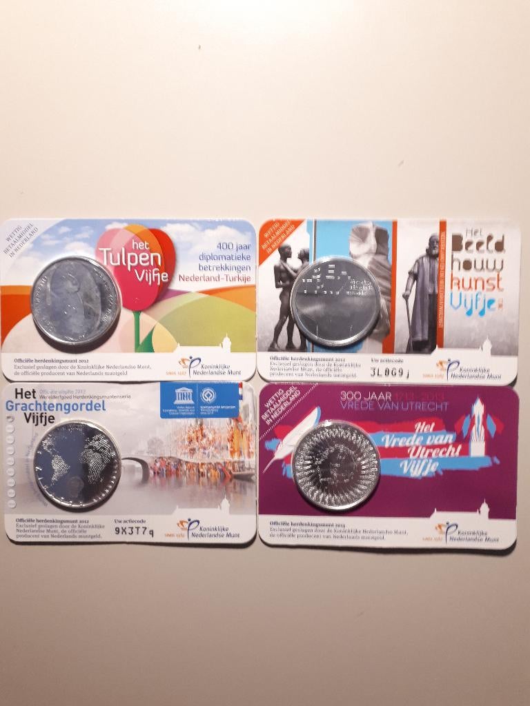 4x coincard KNM € 5 Tulpen/Beeldhouwkunst/Grachtengordel/VVU, Verzenden, Overige landen, Overige waardes