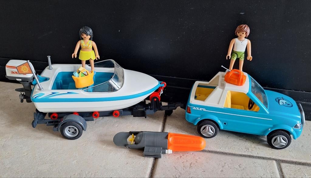 Playmobil🧡SET:Speedboot ,trailer, auto 2 poppetjes, accesoi, Ophalen of Verzenden, Zo goed als nieuw