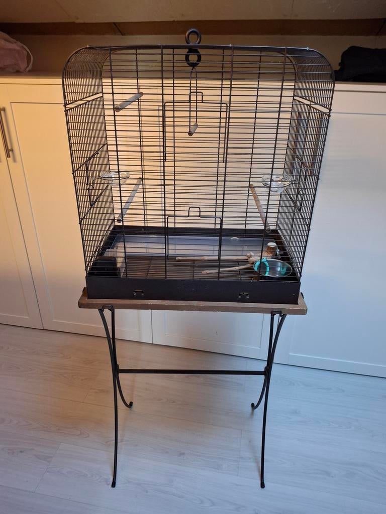 Vogelkooi op standaard met toebehoren, Dieren en Toebehoren, Ophalen of Verzenden, Gebruikt, Metaal, Vogelkooi