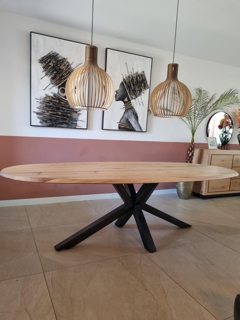 Ovale eiken eettafel met spinpoot (260x120 cm), Huis en Inrichting, Tafels | Eettafels, Ophalen, Gebruikt, 100 tot 150 cm, 200 cm of meer
