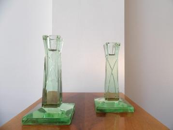 Art Deco Kandelaars, Kristal/Groen beschikbaar voor biedingen