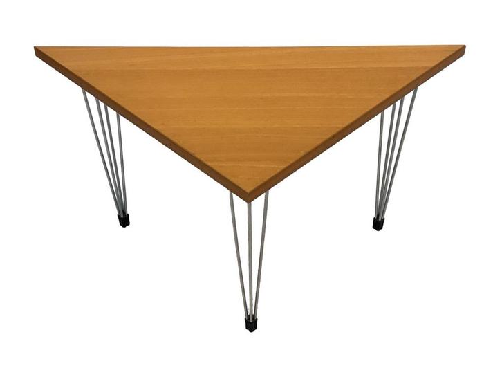 Vintage Deense driehoekige bijzettafel hairpinlegs, Huis en Inrichting, Tafels | Bijzettafels, Gebruikt, Rond, 60 cm of meer, Minder dan 55 cm