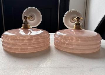 Set 2 vintage wandlampen clichy roze glas glazen lamp kap beschikbaar voor biedingen