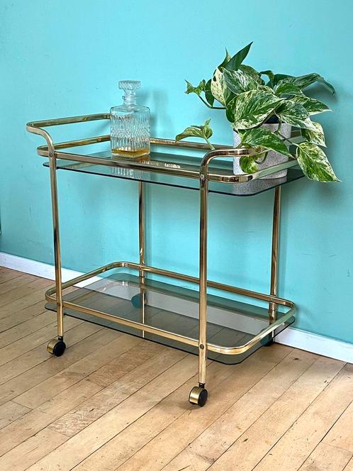 Vintage Messing Bar Cart / Gouden Midcentury Modern Trolley, Huis en Inrichting, Tafels | Sidetables, Zo goed als nieuw, 50 tot 75 cm