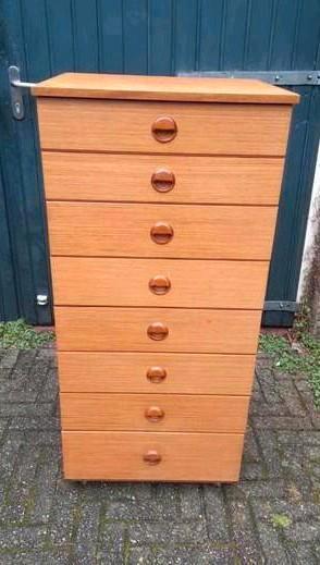 Vintage Schreiber Ladekast met 8 Lades, Huis en Inrichting, Kasten | Ladekasten, Gebruikt, 100 tot 150 cm, 50 tot 100 cm, 25 tot 50 cm