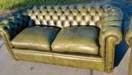 Chesterfield bankstel groen leer + BEZORGING GRATIS, Gebruikt, Chesterfield, Ophalen of Verzenden, Rechte bank