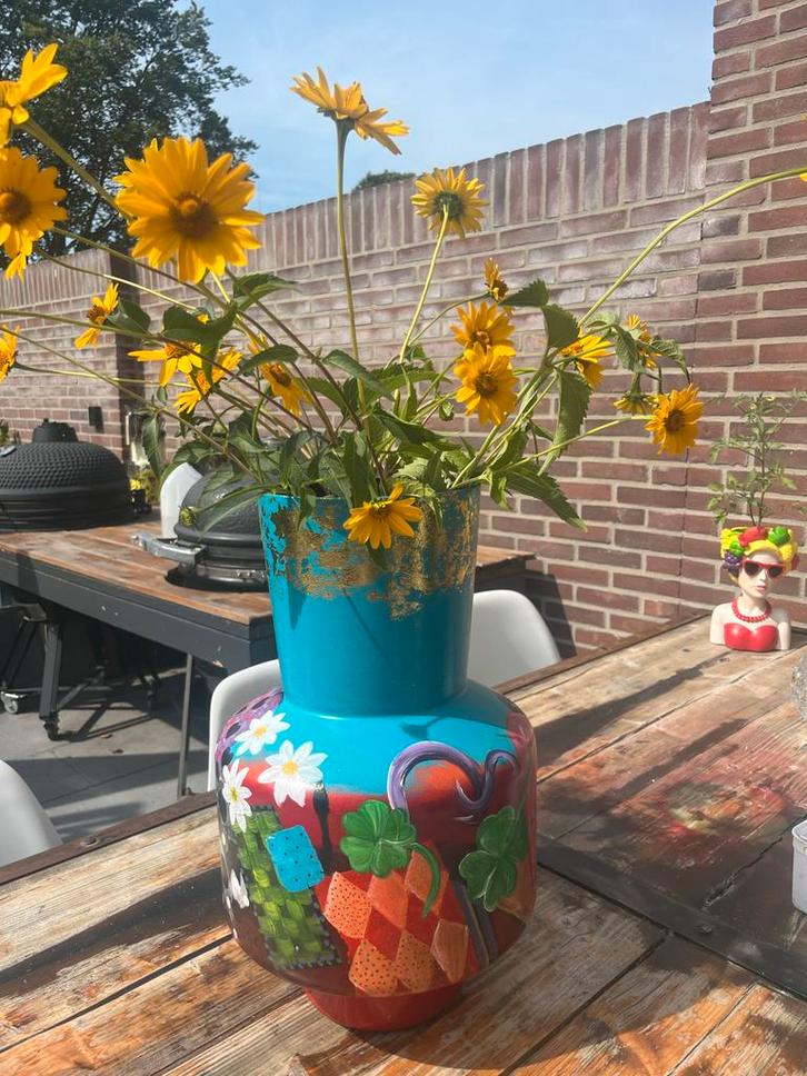 Handbeschilderde Vaas - Kleurrijk, Huis en Inrichting, Woonaccessoires | Vazen, Zo goed als nieuw, Overige kleuren, Minder dan 50 cm