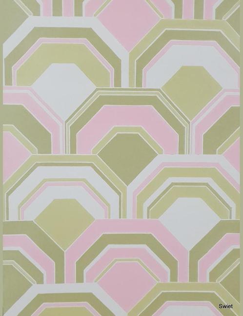 5032 geometrisch roze-groen flowers barok behang retro swiet, Huis en Inrichting, Stoffering | Behang, Wit, Groen, Roze, Verzenden